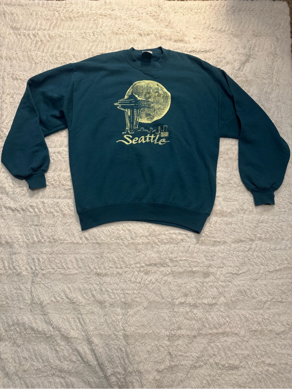 Vintage 80s Seattle Space Needle Moon Sweatshirt Jerzees USA Teal Large